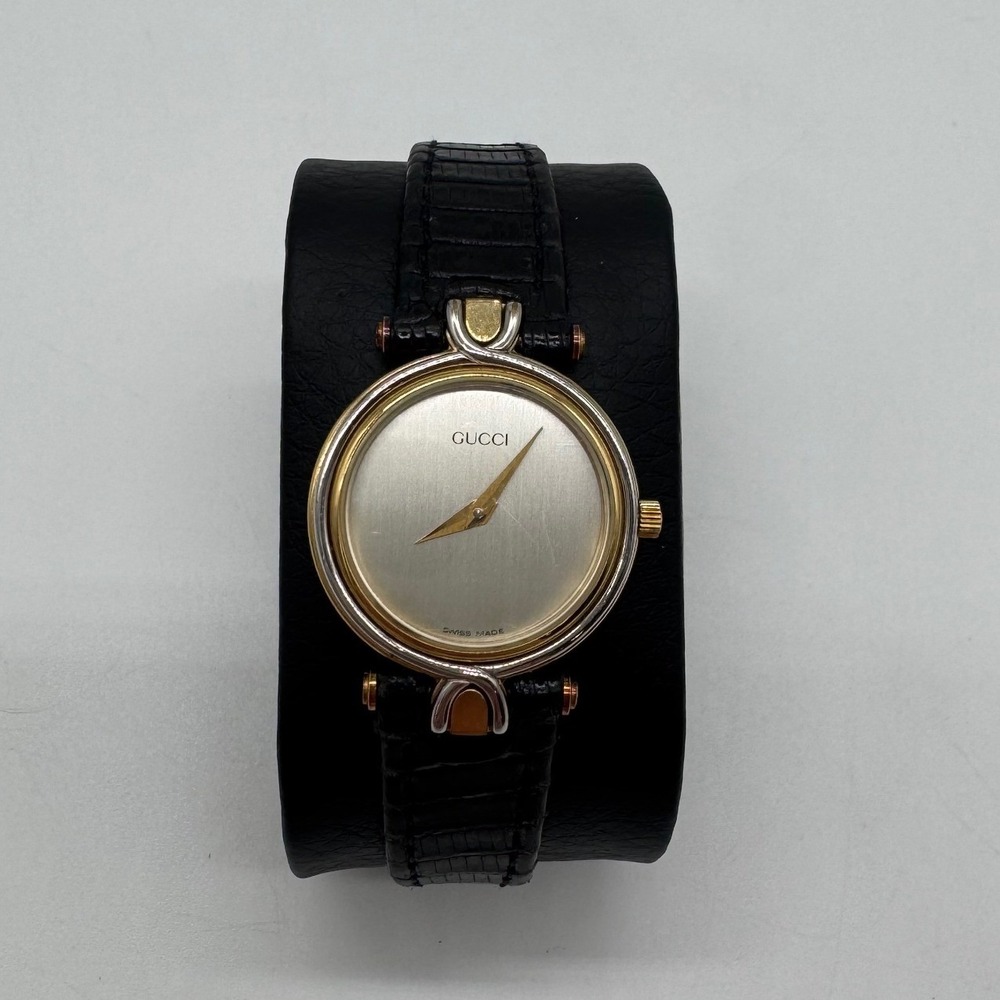 Gucci 4500L Vintage Two Tone Swiss Quartz Watch Black Leather Strap 25mm